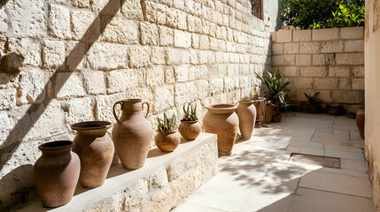 Terracotta Pots And Jugs In Sunny Courtyard