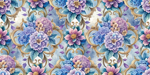Vibrant floral pattern featuring lavender and pink blooms on a blue background.