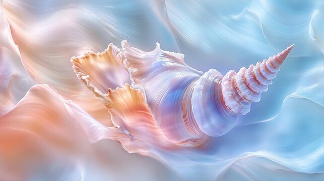 A seashell with pastel colors rests on a soft, swirling background.