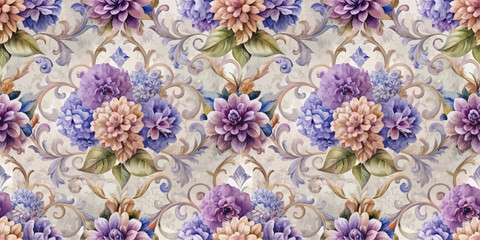 Elegant floral pattern showcasing vibrant purple and pink flowers on a soft background.
