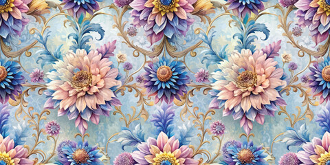 Vibrant floral pattern featuring pastel-colored blooms and elegant swirls.