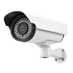 A vigilant security camera stands guard, its lens a watchful eye, ensuring safety and peace of mind against a stark white background.