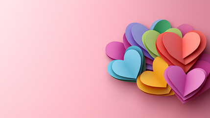 Pride Month card, papercut heart shapes in rainbow colors on pink background with copy space, symbolizing LGBTQ+ pride month, Valentine's Day. transparent background.