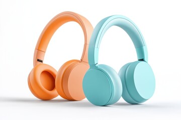 Two headphones displayed together one is orange and the other is light blue isolated on white background