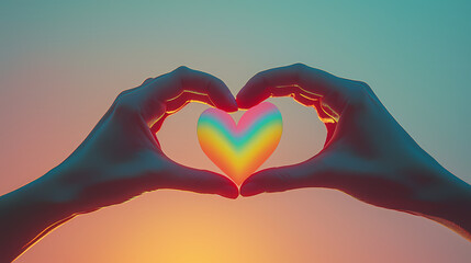 Pride Month card, two love hands with rainbow heart, symbolizing LGBTQ+ pride and love, pride month equality. 