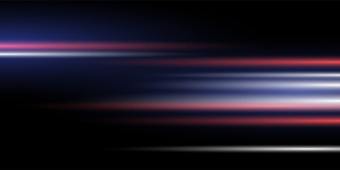 Blue and red high-speed background. Movement light trails effect on black abstract background. Wide technology banner with glowing blue and red light motion effect. Vector illustration
