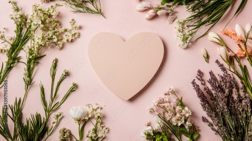 Poster delicate flowers and leaves creating a border around a pink heart shape on a pink background, perfec