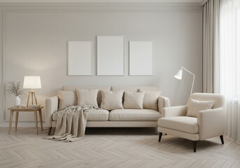 Neutral living room with sofa armchair and three blank frames on the wall in minimalist style design