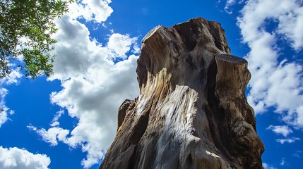 A towering rock formation under a vibrant blue sky, accentuated by scattered white clouds creating a striking contrast, surrounded by lush greenery framing the base of the structure