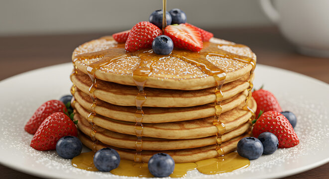 Stack of Pancakes with Berries & Syrup - Sweet Breakfast Treat - Powered by Adobe