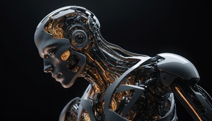 Futuristic robot profile studio setting digital art dark environment close-up technology innovation