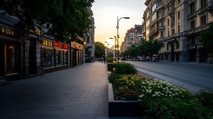 Obraz premium Golden Hour Stroll Budapest Street Sunset.