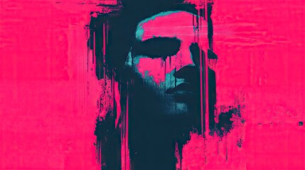 Abstract face art, vibrant colors, distressed style