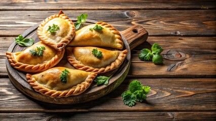 Fototapeta premium Argentinian empanadas on rustic wooden table, cuisine, meat pies, cuisine,meat pies,food photography