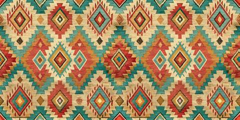 Vibrant geometric textile pattern featuring red, turquoise, and earthy tones.