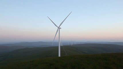 Obraz premium Wind turbines on a grassy hilltop at dawn