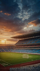 Empty football stadium at sunset with a cloudy sky.