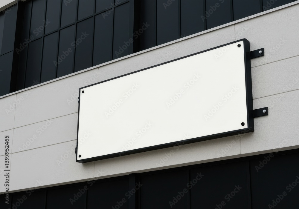Poster a blank rectangular sign with a black frame mounted on a building with dark windows above it
