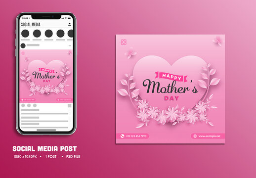 Happy Mother&rsquo;s Day, Social Media Editable Post in Pink Color for Advertising.