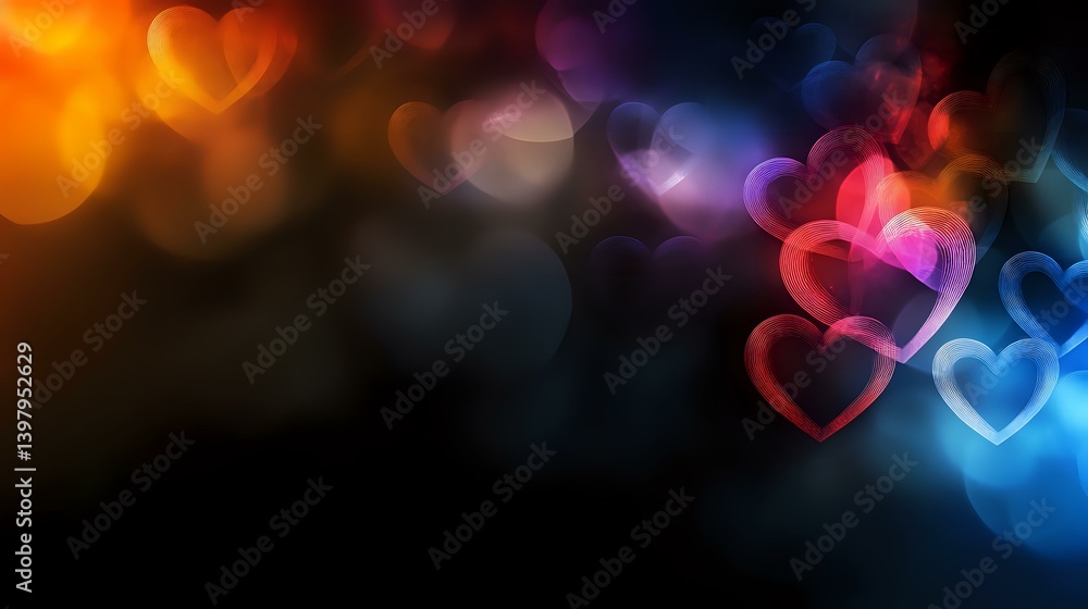 Poster glowing hearts with colorful bokeh effect on dark background create romantic atmosphere. soft focus 