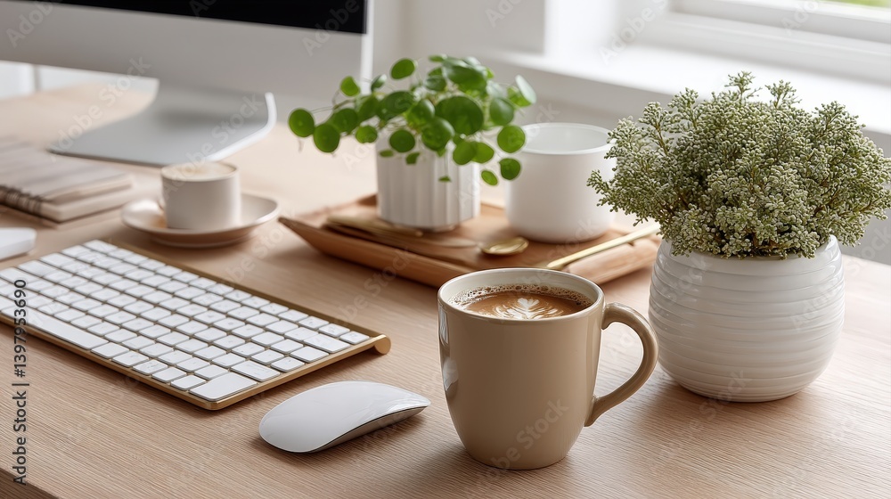 Aufkleber clean and minimalist desk setup with monitor and wireless keyboard for productive workspace