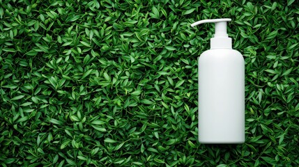 A plain white lotion bottle is placed on a vibrant green foliage background, creating a fresh and natural aesthetic.