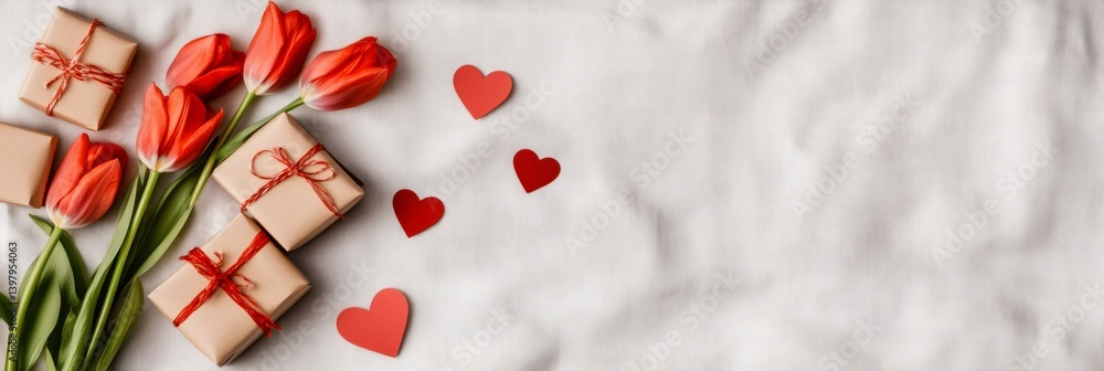 Poster red tulips, tied with string gift boxes, and scattered paper hearts create a heartwarming scene on a