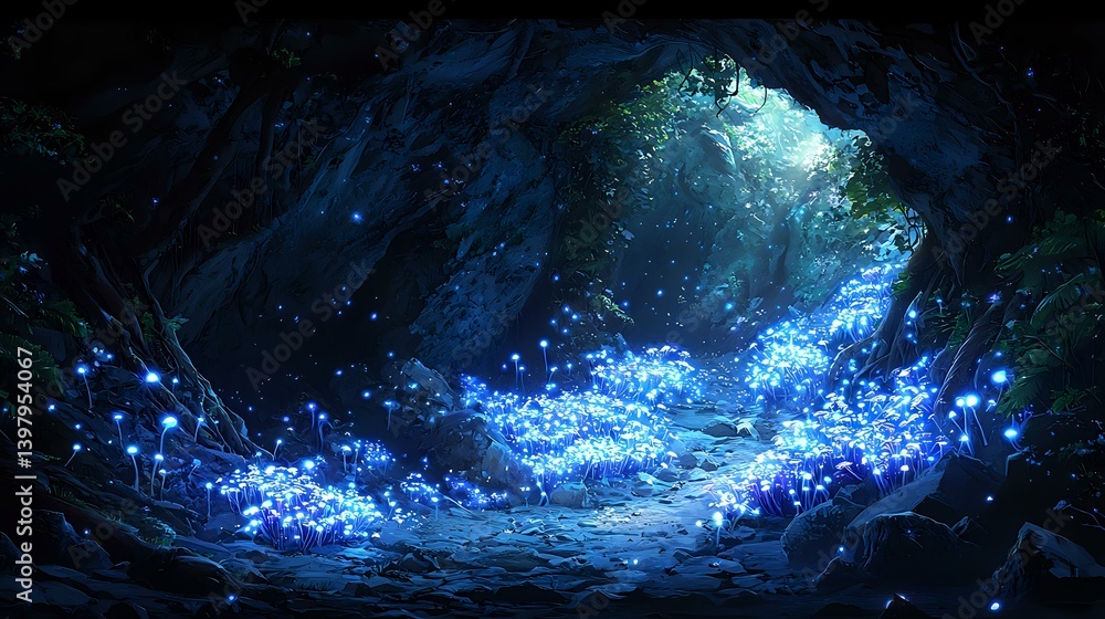Poster magical glowing path through dark cave with luminescent blue mushrooms and ethereal light streaming 