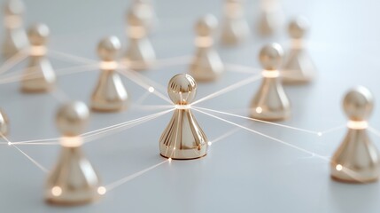 A close-up of golden game pieces connected by lines, symbolizing networking and collaboration in a strategic context.