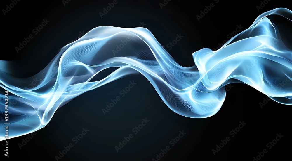 Poster ethereal blue smoke waves flowing horizontally against black background create mesmerizing abstract 