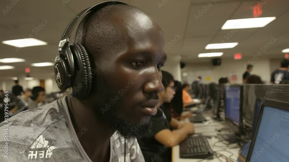 Poster smart student learns with headphones and internet in study environment generative ai