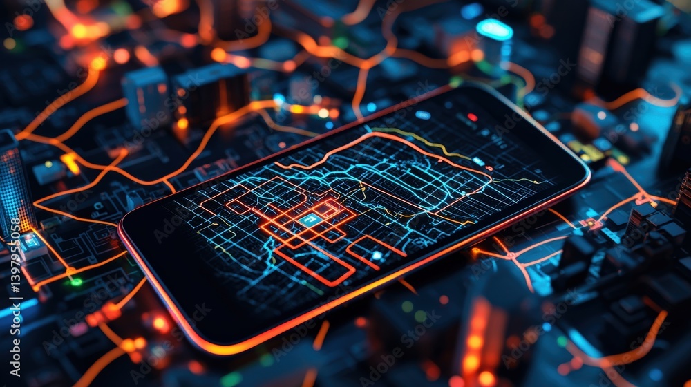 Poster a smartphone displaying a digital map on a glowing city grid, highlighting interconnected pathways a