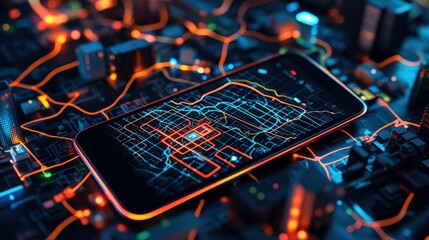 A smartphone displaying a digital map on a glowing city grid, highlighting interconnected pathways and a vibrant urban landscape.