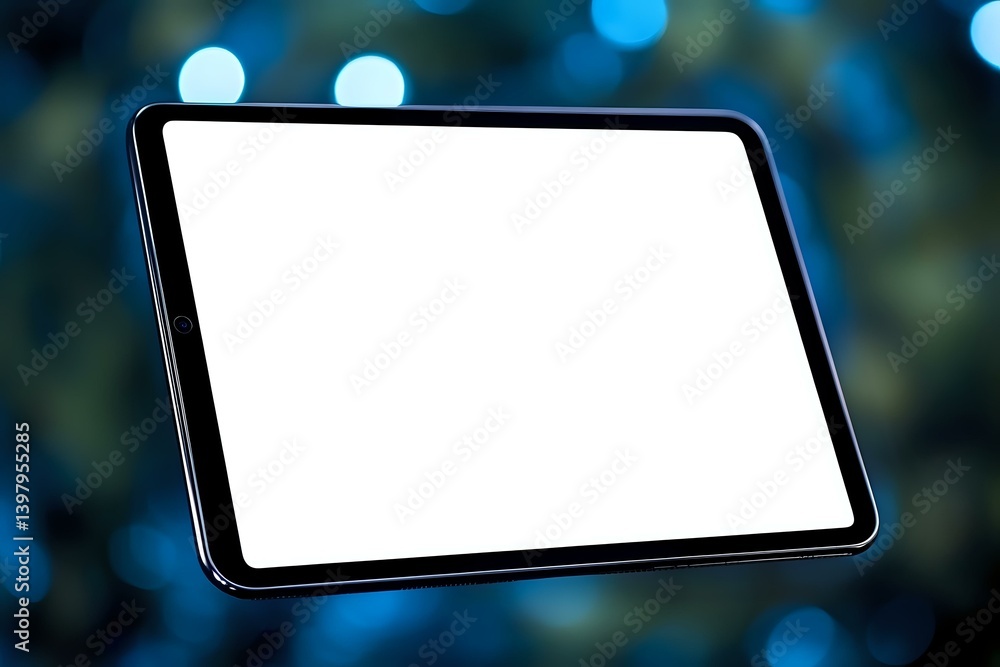 Poster modern tablet with blank white screen on blurred blue bokeh background, mockup for app and web desig