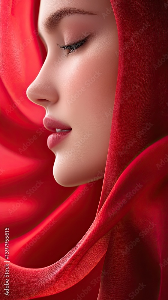 Poster a serene woman with a delicate face is draped in swirling red fabric, creating a visually soft image