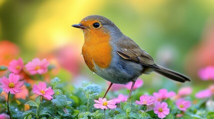 Fototapeta premium Cute robin perched on flowers