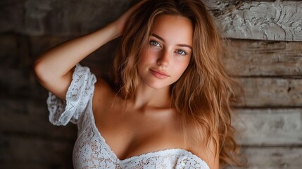 Fototapeta premium Young woman with long hair posing against a rustic wooden background