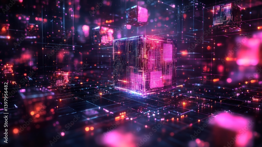 Poster illuminated voxel structures in a virtual data landscape shimmering with digital energy and intercon