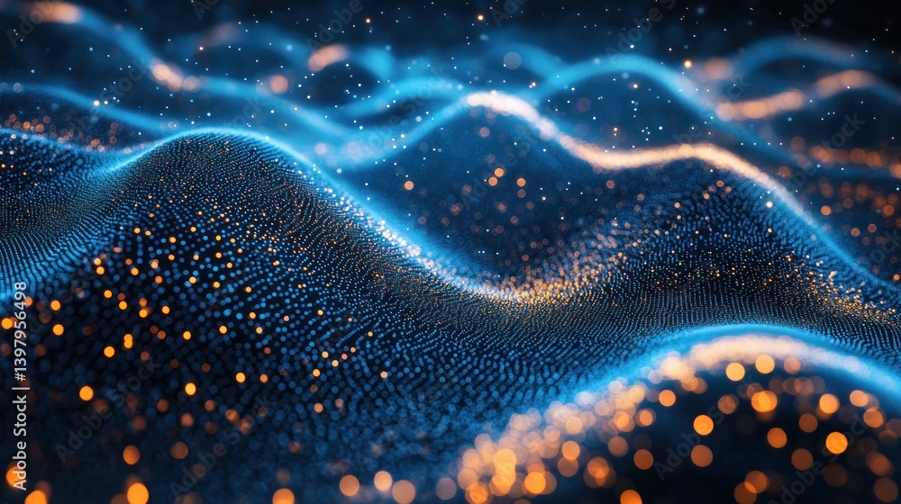 Poster abstract glowing landscape of digital data flow presenting future technology visualizing network con