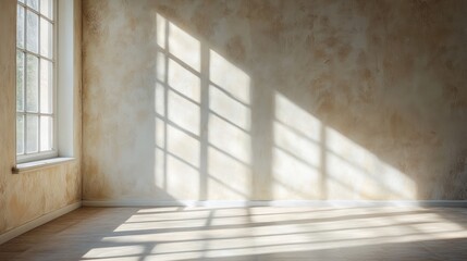 Obraz premium interior backdrop featuring a sunlit window casting shadows on a textured wall and a light wood floor creating a sense of calm and serenity