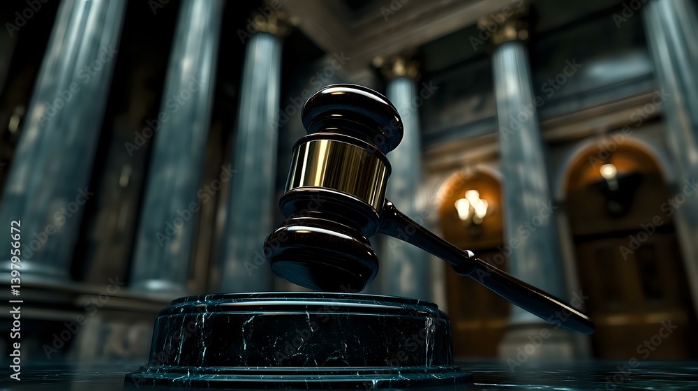 Poster wooden judge gavel on stand in dramatic courtroom setting with classical architecture columns and am