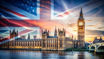 Big Ben with British flags, London, UK