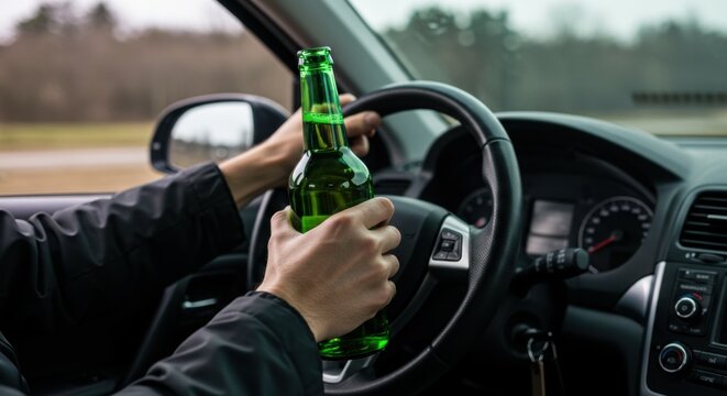 Man behind the wheel of a car holding a beer bottle. Dangerous and illegal drunk driving. A clear visual concept warning about traffic law violations.