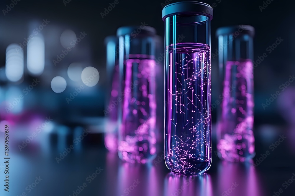 Poster glass test tubes with glowing pink liquid and bubbles on dark background with bokeh effect. scientif