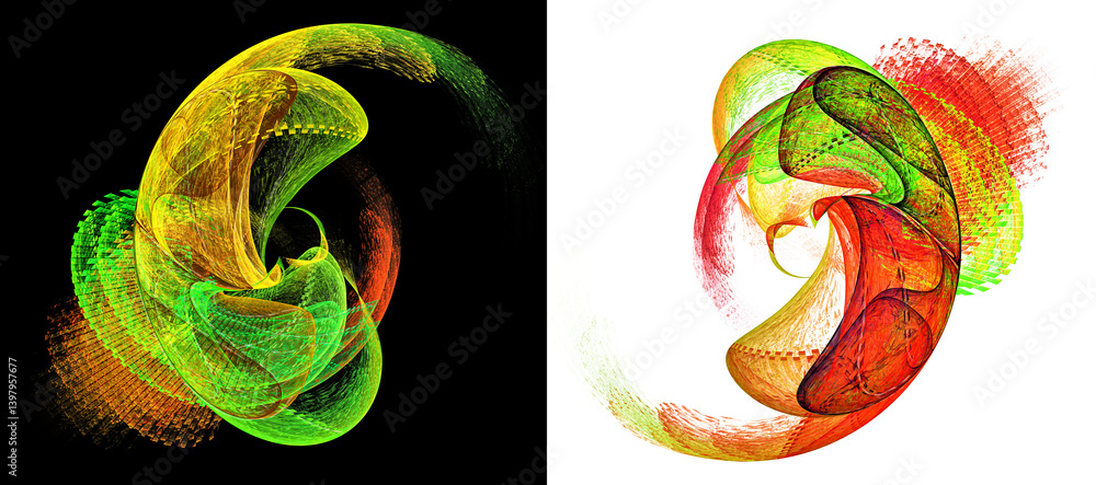 Poster abstract airy fractal dynamic colorful graphic design elements on black and white backgrounds. set. 