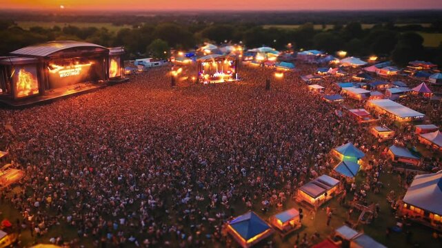 Thousands gather at sunset for a music festival, illuminated by colorful stage lights with tents and booths forming a glowing sea around the crowd.