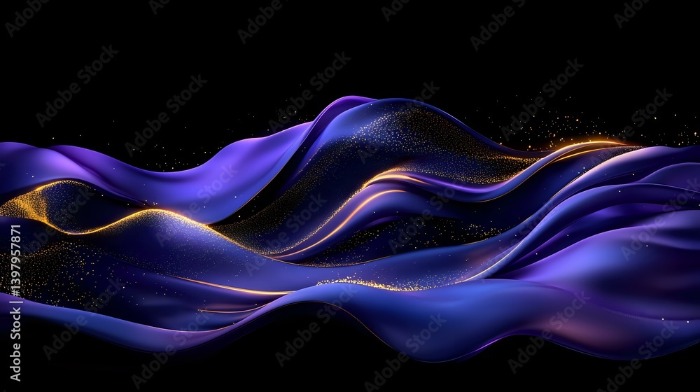 Poster flowing abstract waves in deep purple and gold colors create dynamic motion against black background