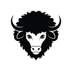 Black and white bison head with curly fur.eps