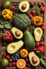 Vibrant flat lay of ripe avocados, berries, peppers, and greens on a rustic board—ideal for healthy recipes, diets, and fresh food backgrounds.