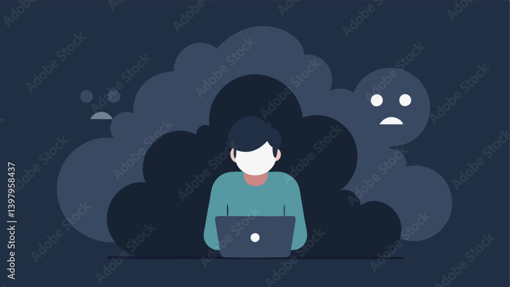Poster isolated figure an of a person sitting alone at a desk with a laptop surrounded by dark clouds symbo